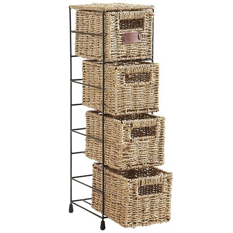 Vonhaus 4 Tier Small Seagrass Basket Storage Tower Unit With Metal Frame Ideal For Small