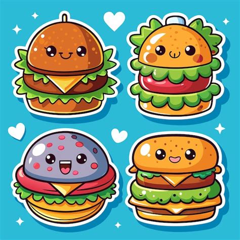 Set Of Four Cute Kawaii Burgers With Different Fillings Premium Ai