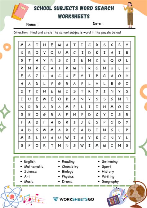 School Subjects Word Search Worksheets Worksheetsgo