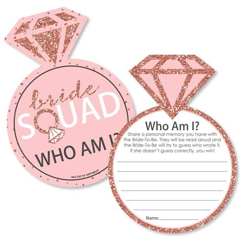 Bride Squad Rose Gold Bridal Shower Or Bachelorette Party Game Who Am I Game Cards Set Of