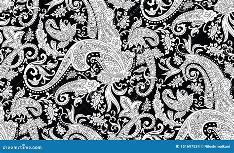 Seamless Black And White Traditional Indian Paisley Pattern Stock