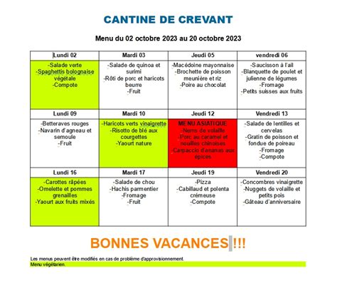 Menus De La Cantine Octobre Commune De Crevant