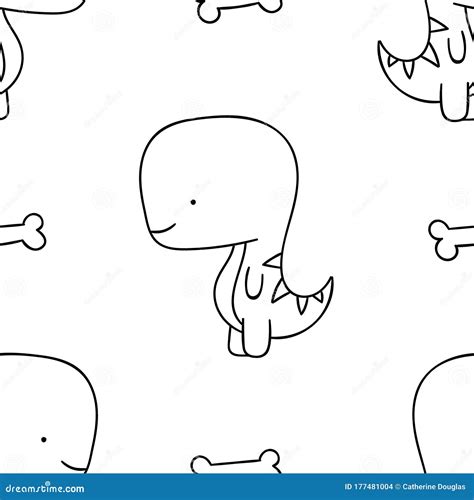 Simple Seamless Pattern Black And White Cute Kawaii Hand Drawn Dinosaur Doodles Coloring Pages