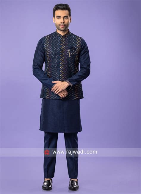 Mens Navy Blue Color Nehru Jacket Set