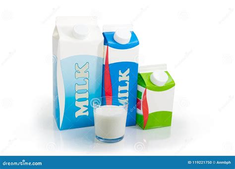 Milk Carton Different Sizes And Glass With Various Dairy Produce Stock