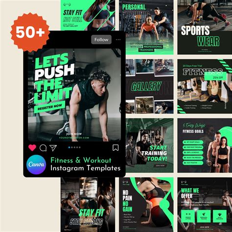 50 Fitness Instagram Templates Pack Workout Instagram Posts Canva Instagram Template Exercise