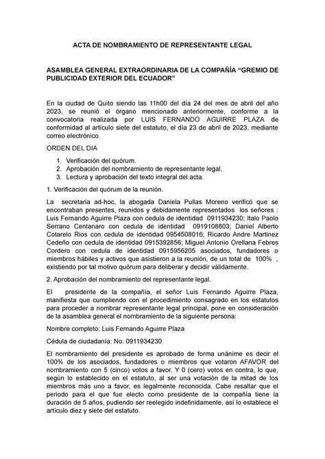 Acta De Representante Legal Final Acta De Nombramiento De Representante Legal Asamblea General