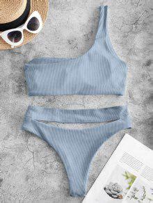 Zaful Ribbed Cutout One Shoulder High Leg Bikini Swimwear In Light Blue