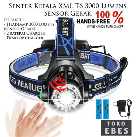 Jual Senter Kepala Waterproof Headlamp Sensor Gerak Xml T6 3000 Lumens Shopee Indonesia