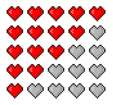 Barra De Vida Del Juego De Píxeles Barra De Corazón De Salud De 8 Bits De Arte Vectorial