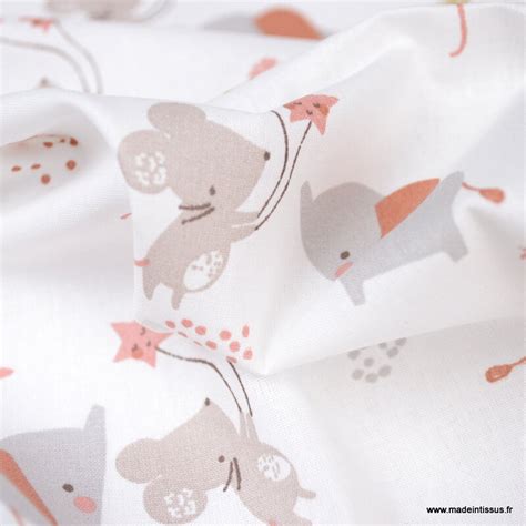 Tissu cretonne coton Merveil motifs souris et éléphants fond blanc