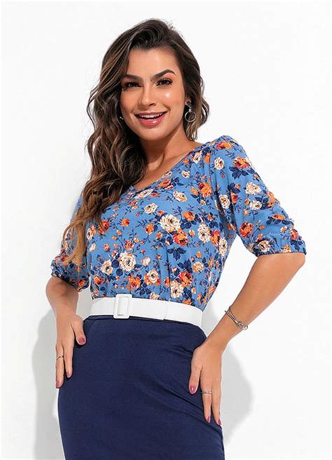 Blusa Decote V Floral Azul Moda Evang Lica Queima De Estoque