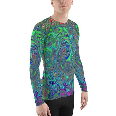 Mens Athletic Rash Guard Shirts Trippy Chartreuse And Blue Retro