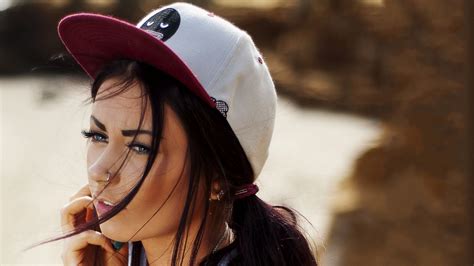 Wallpaper Girl Hat Brunette Piercings Face Wind 1920x1080