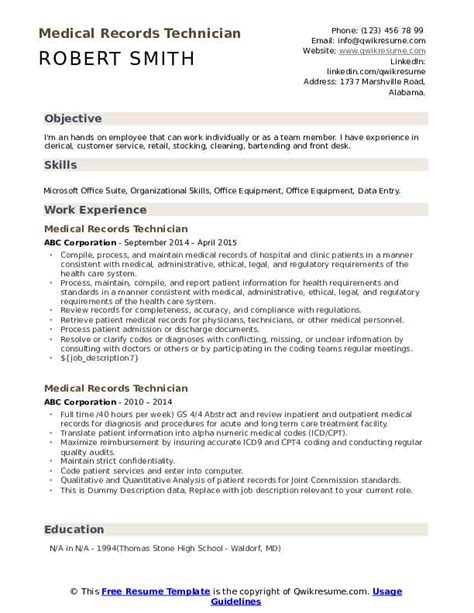 Medical Records Technician Resume Samples Qwikresume