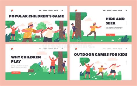 Popular Children Games Landing Page Template Set Kids Playing Hide And