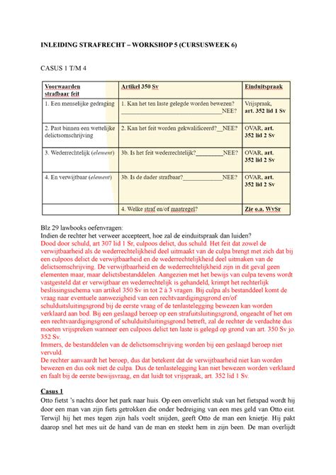 W6 2 Antwoorden Workshop INLEIDING STRAFRECHT WORKSHOP 5