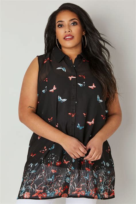 Black And Multi Butterfly Print Chiffon Sleeveless Shirt Plus Size 16 To 36