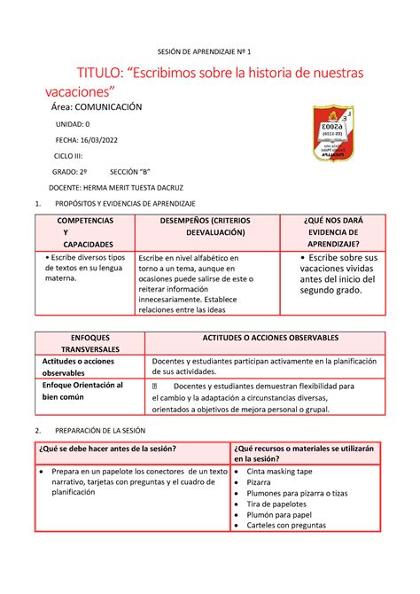 Sesi N De Aprendizaje N Comunicacion Do Grado Sesi N De