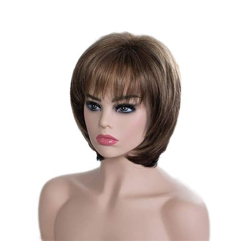 Short Dark Brown Mixed Blonde Highlight Pixie Cut Wigs With Bangs