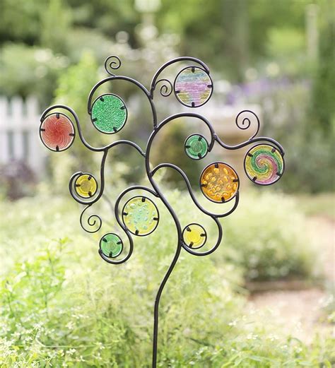 Colorful Glass Circle Metal Garden Stake In Outdoor Glass Art Garden