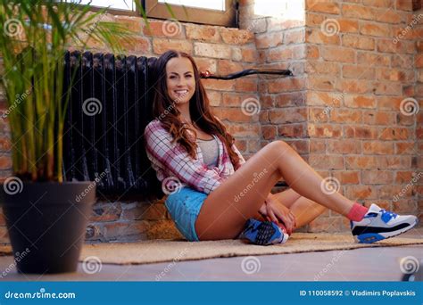 Brunette Female Sits On A Floor Stock Photo Image Of Person Hipster
