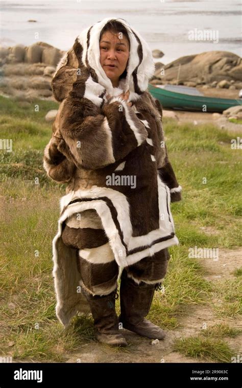 Inuit Woman In Traditional Seal Skin Clothing Pangnirtung Baffin