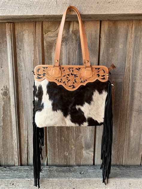 Gold Buckle Cowhide Fringe Purse Fringe Purse Tooled Leather