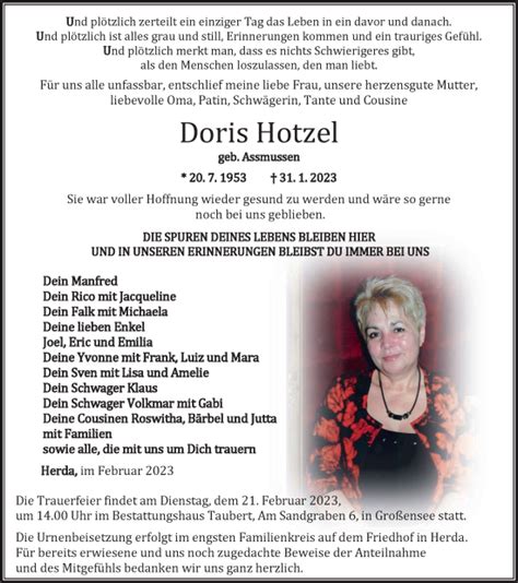 Traueranzeigen Von Doris Hotzel Trauer In Thueringen De