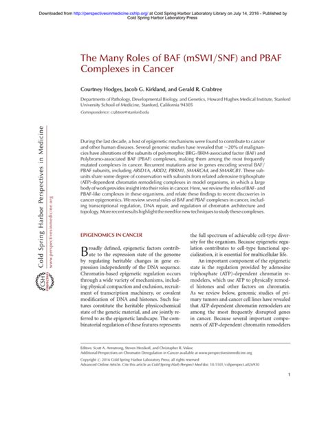 The Many Roles Of Baf Mswi Snf And Pbaf Complexes In Cancer