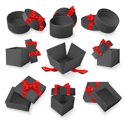 Premium Vector Set Of Gift Black Boxes With Red Bow And Ribbon 3d