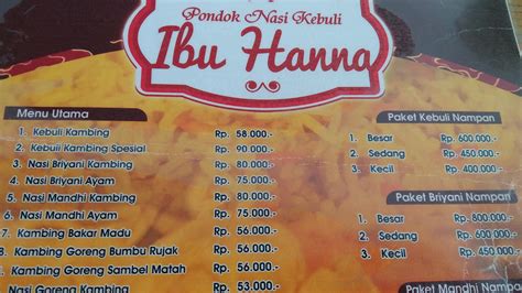 Menu At Pondok Nasi Kebuli Ibu Hanna Restaurant Jakarta Jl Kh