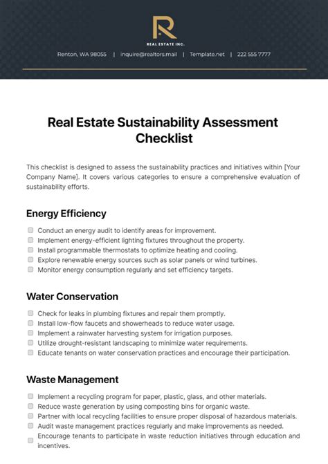 Free Real Estate Sustainability Assessment Checklist Template Edit Online And Download