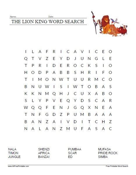 The Lion King Word Search Allfreeprintablecom Free Printable Disneys Lion King Word Search