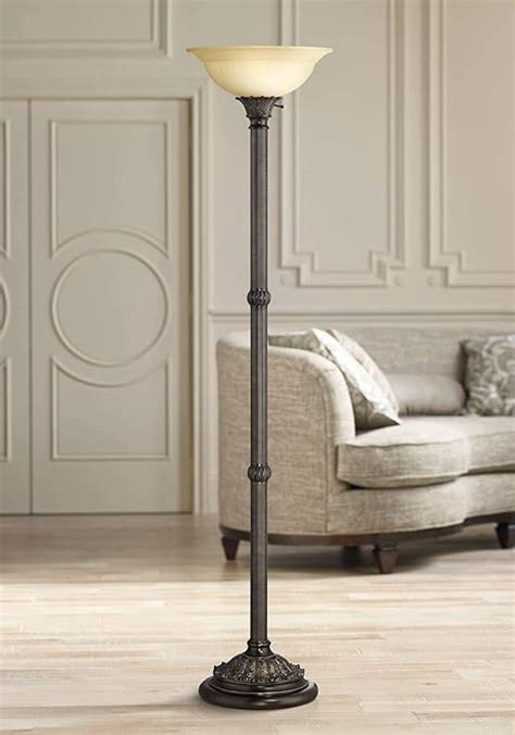 Bellham Traditional Torchiere Floor Lamp Bronze Pale Amber Fluted Glass