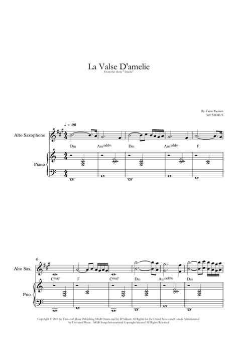 La Valse Damelie Sheet Music Yann Tiersen Alto Sax And Piano