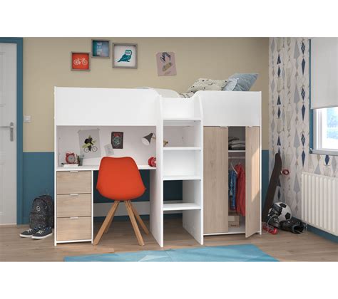 Lit Combin Mezzanine Enfant D Cor Blanc Et Ch Ne Sommier Inclus