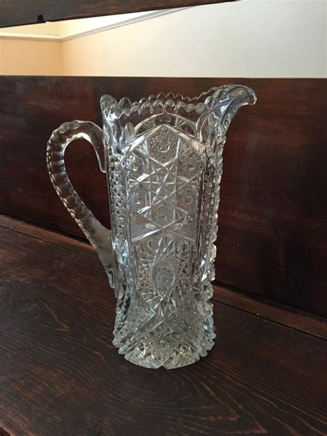 Vintage Cut Glass Pitcher Great Detail Very Heavy Cut