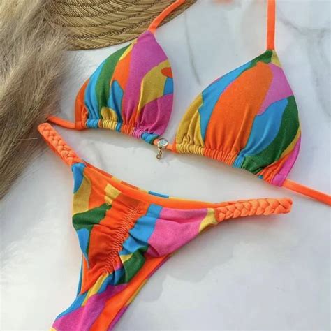Qinjoyer Women Print Swimwear Two Pieces Swimsuit Bathing Suit String Bikini Set Sexy
