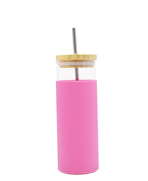 Bamboo Lid Glass Bottle 450ml Pink The Culinarium