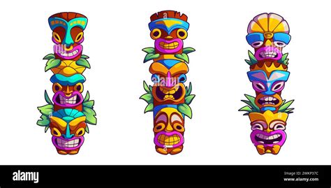 Tiki Masks Set Isolated On White Background Vector Cartoon Illustration Of Tribal Wooden Totems