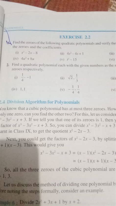 Exercise A Find The Zeroes Of The Following Quadratic Polynomials An