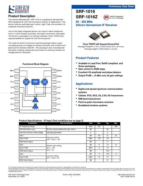 Srf Z Datasheet Receiver Equivalent Sirenza Microdevices