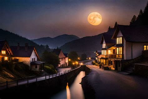 photo wallpaper the moon, night, village, river, houses, moon, river ...