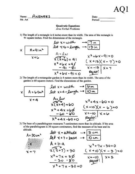 Quadratic Equations Area Problems Worksheet Aq Answers Pdf