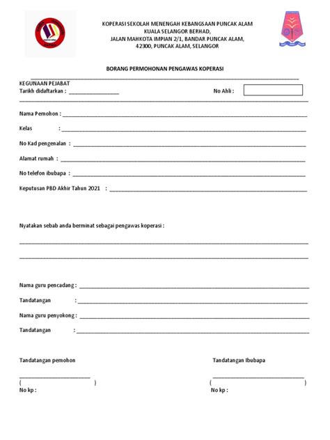 Borang Permohonan Pengawas Koop Pdf