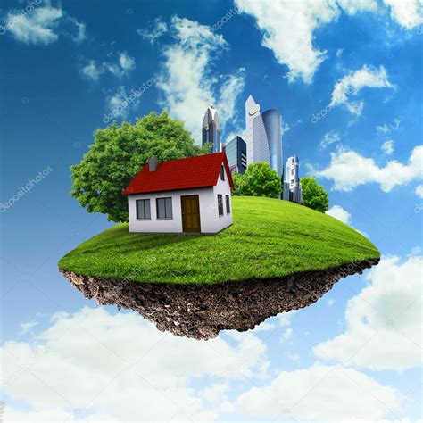 A Piece Of Land In The Air With House And Tree Stock Photo By