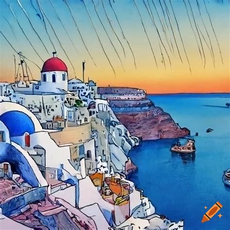 Picturesque View Of Santorini Greece In Comic Book Art Style On Craiyon