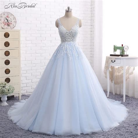 Baby Blue Wedding Dresses Vestido De Noiva 2017 A Line V Neck Lace