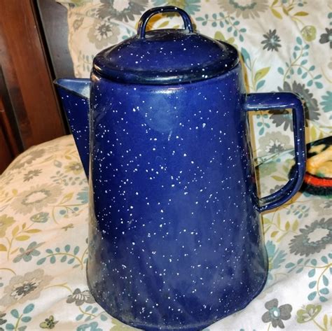 Dining Vintage Blue Speckled Enamelware Coffee Pot Poshmark